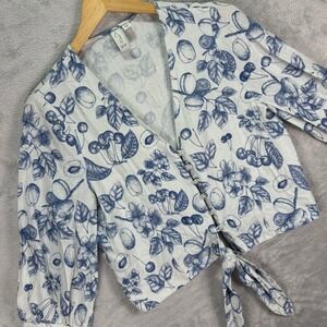 Joie Women's Button Front Tie Hem Blouse Blue Botanical Print Linen Sz S